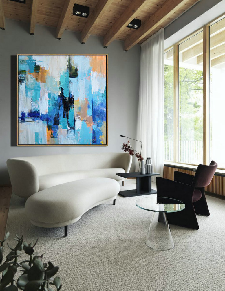 Original Abstract Painting Extra Large Canvas Art,Palette Knife Contemporary Art Canvas Painting,Canvas Painting Wall Decor,Sky Blue,Yellow,White,Blue.etc
